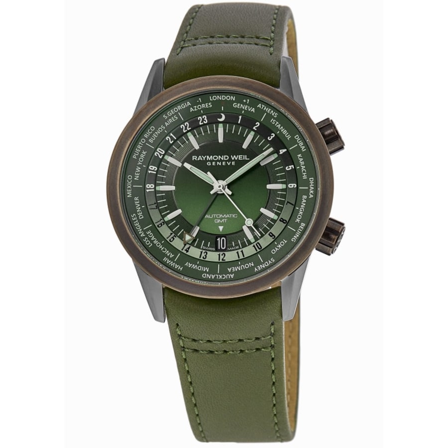 Raymond Weil Freelancer Automatic GMT Worldtimer Green Dial Bronze Bezel Leather Strap Men's Watch 2765-SBC-52001