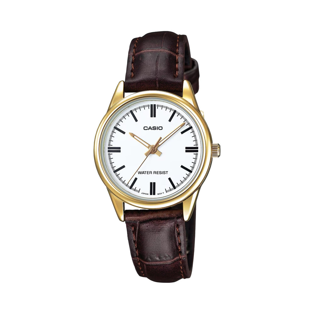 Casio Women’s Gold-Tone Watch with White Dial and Brown Leather Band - LTP-V005GL-7AUDF