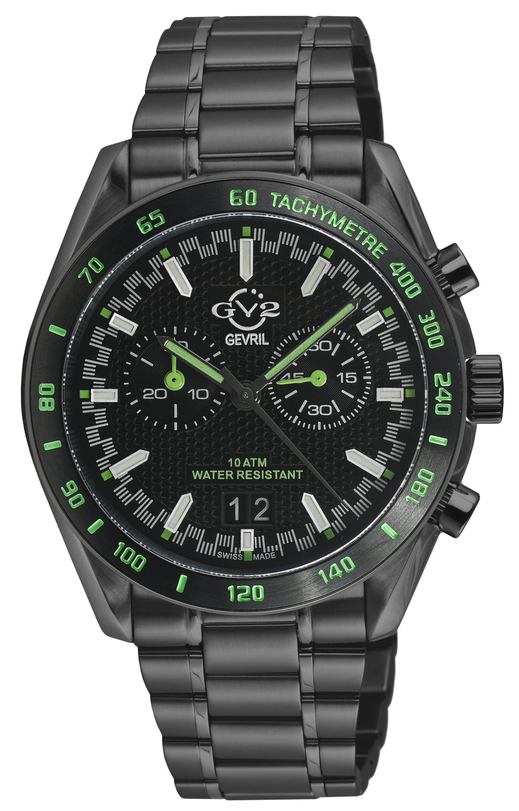 GV2 Men's Freccia SS Satin and Polished Case with Black inlay, Black Dial, SS/IPBK Bracelet.