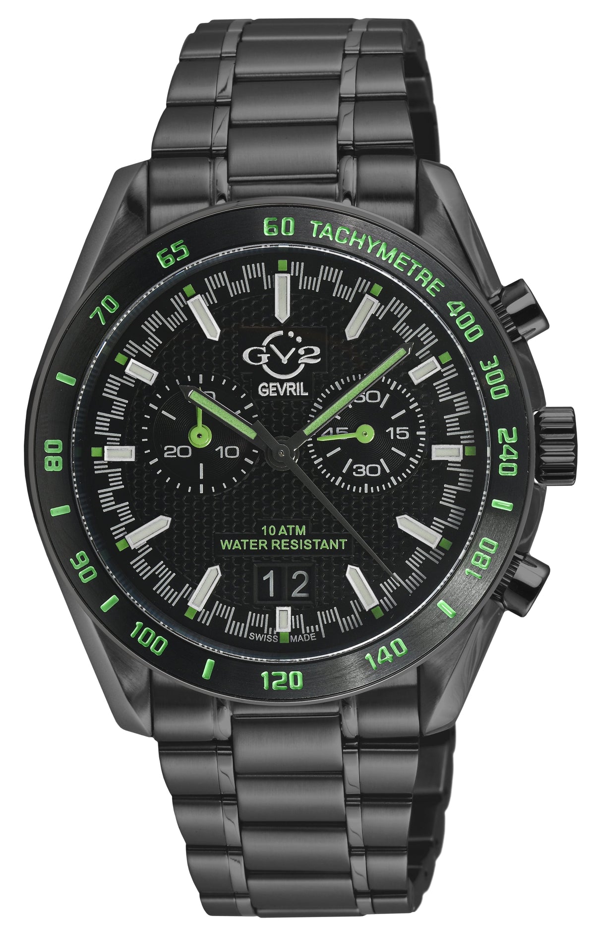 GV2 Men's Freccia SS Satin and Polished Case with Black inlay, Black Dial, SS/IPBK Bracelet.