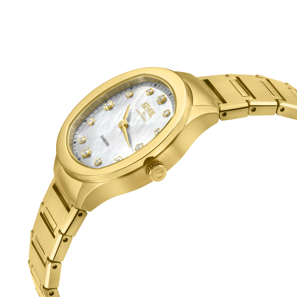 Gevril Women's Morcote Swiss Diamond Watch, 316L SS/IPYG Case, White MOP, IP Gold bracelet..