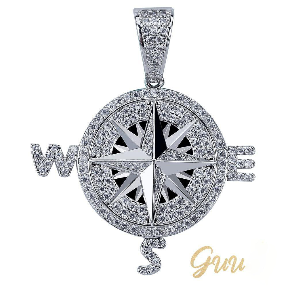 Iced Two-tone 45mm Gold-Plated  CZ  Compass  Pendant $ Cuban Link Chain