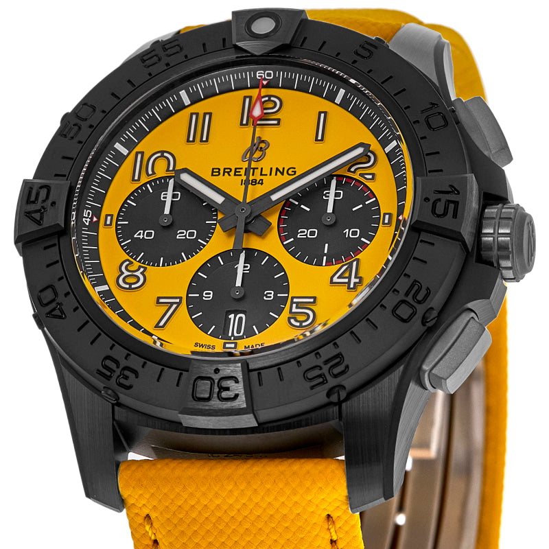 Breitling Avenger B01 Chronograph 44 Night Mission Automatic Yellow Dial Leather Strap Men's Watch SB0147101I1X1