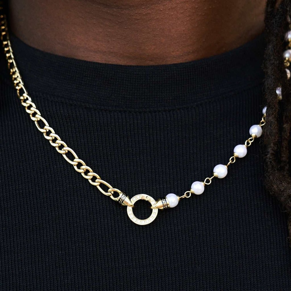Figaro Link + Pearl Chain in Yellow Gold