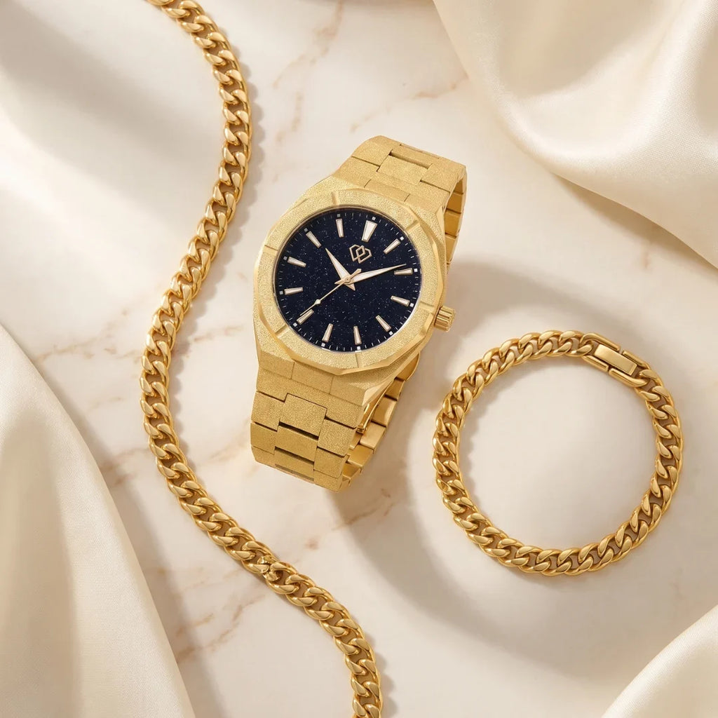 Frosted Watch + Gold Cuban Set