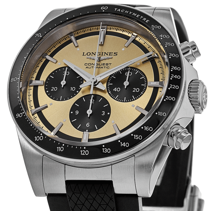 Longines Conquest Automatic Chronograph Yellow Gold Tone Rubber Strap Men's Watch L3.835.4.32.9