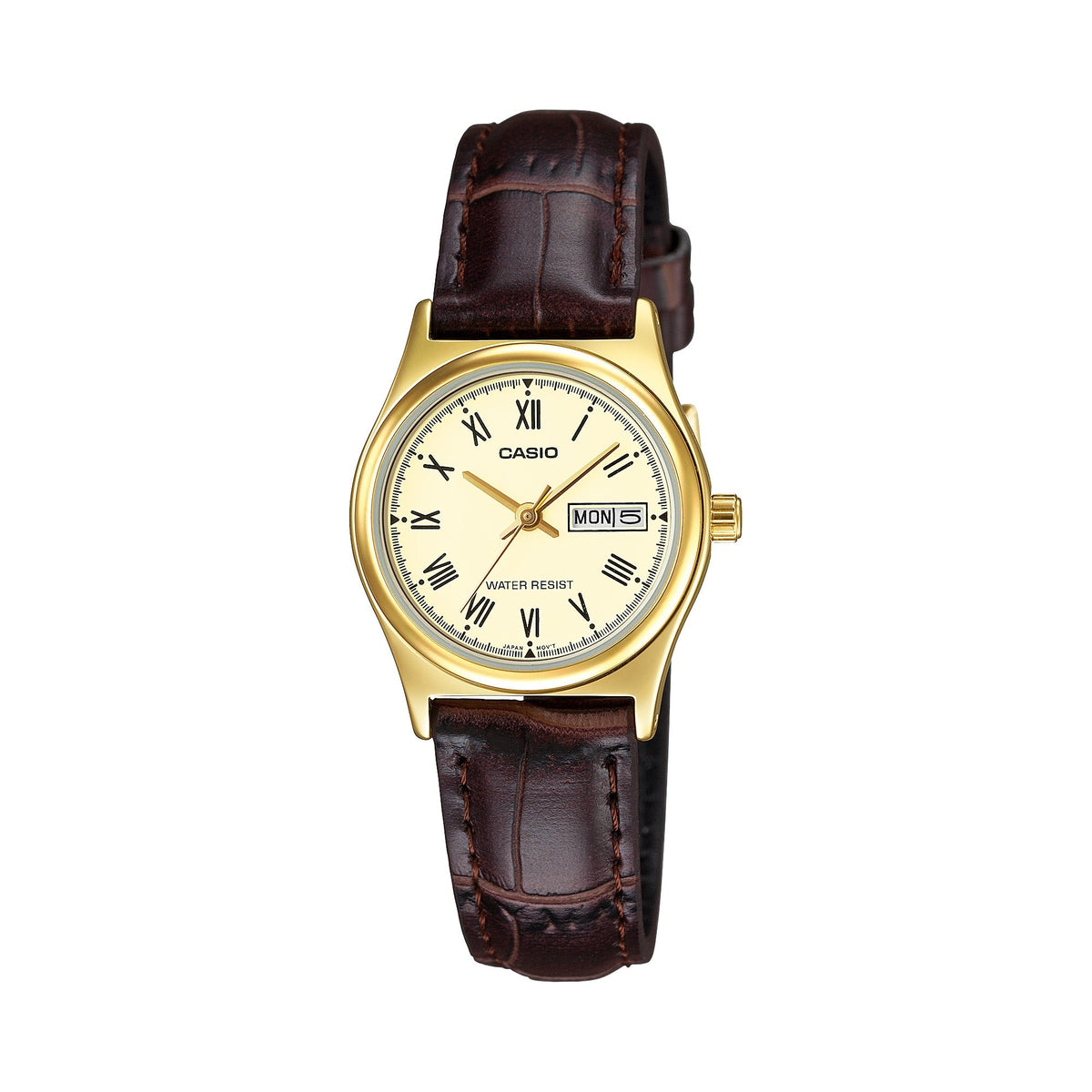 Casio Women’s Gold-Tone Case Brown Leather Strap Day/Date Watch - LTP-V006GL-9BUDF