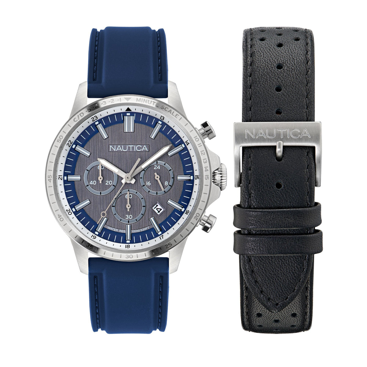 Nautica Mens Nct Blue Ocean Leather And Silicone Watch Box Set