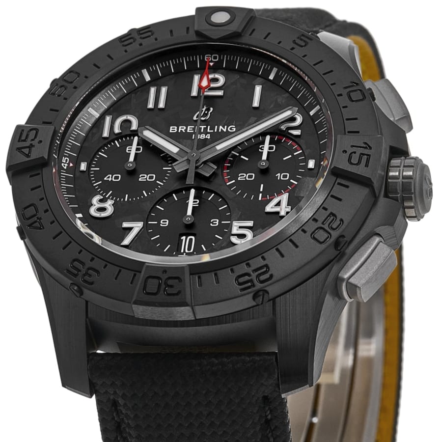 Breitling Avenger B01 Chronograph 44 Night Mission Chronograph Black Dial Leather Strap Men's Watch SB0147101B1X1