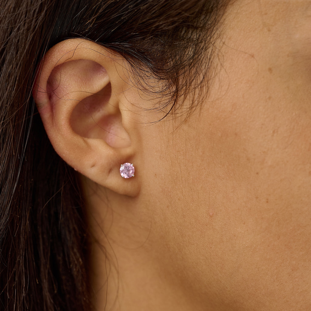 Pink Round Cut Stud Earring in White Gold - 5mm
