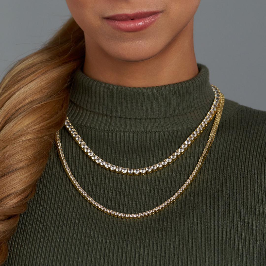 Women's Tennis Chain + Bracelet (Gold) - 3mm