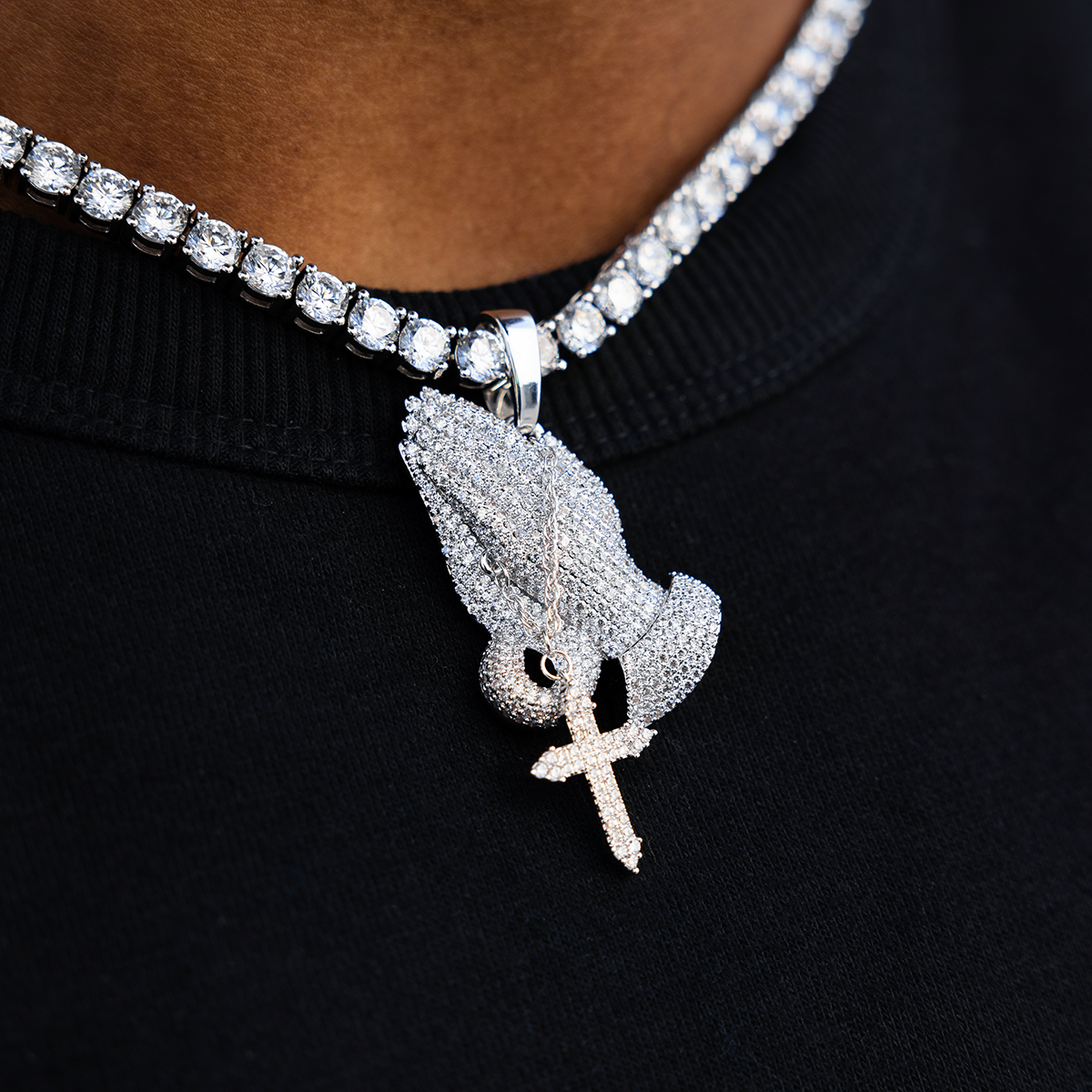 Iced Praying Hands with Cross Pendant in White Gold
