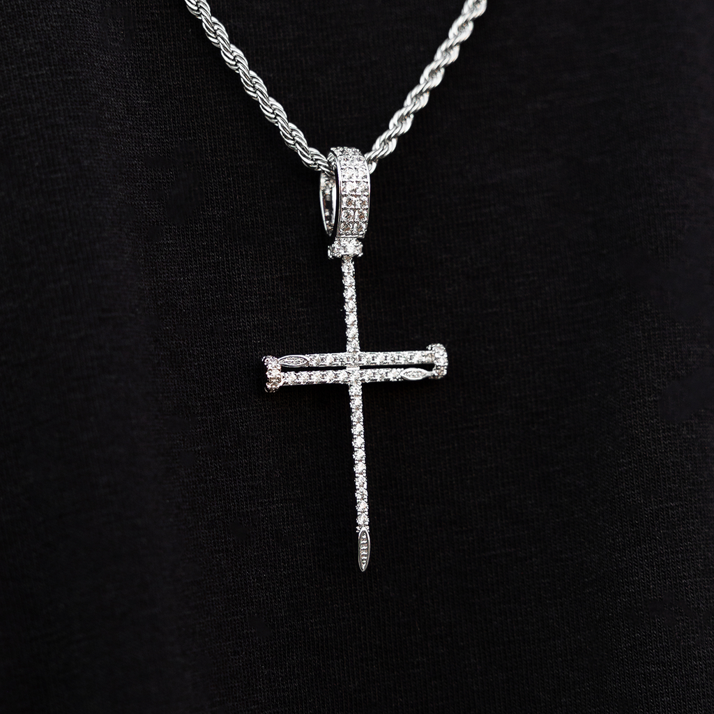 Iced Nail Cross Pendant in White Gold
