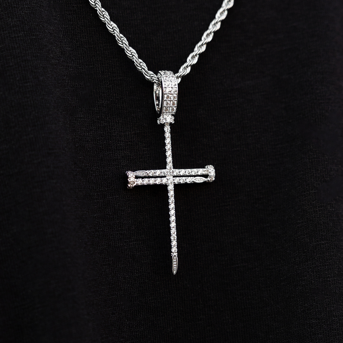 Iced Nail Cross Pendant in White Gold