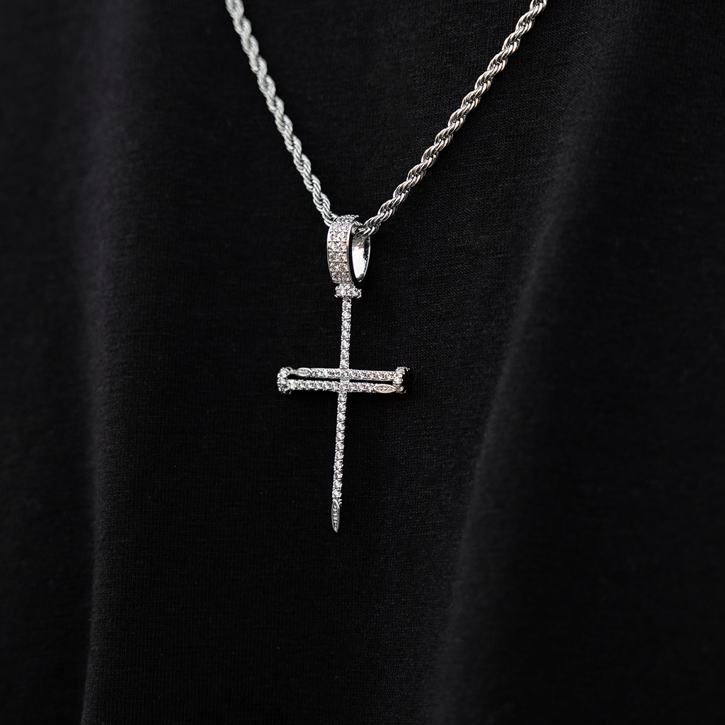 Iced Nail Cross Pendant in White Gold