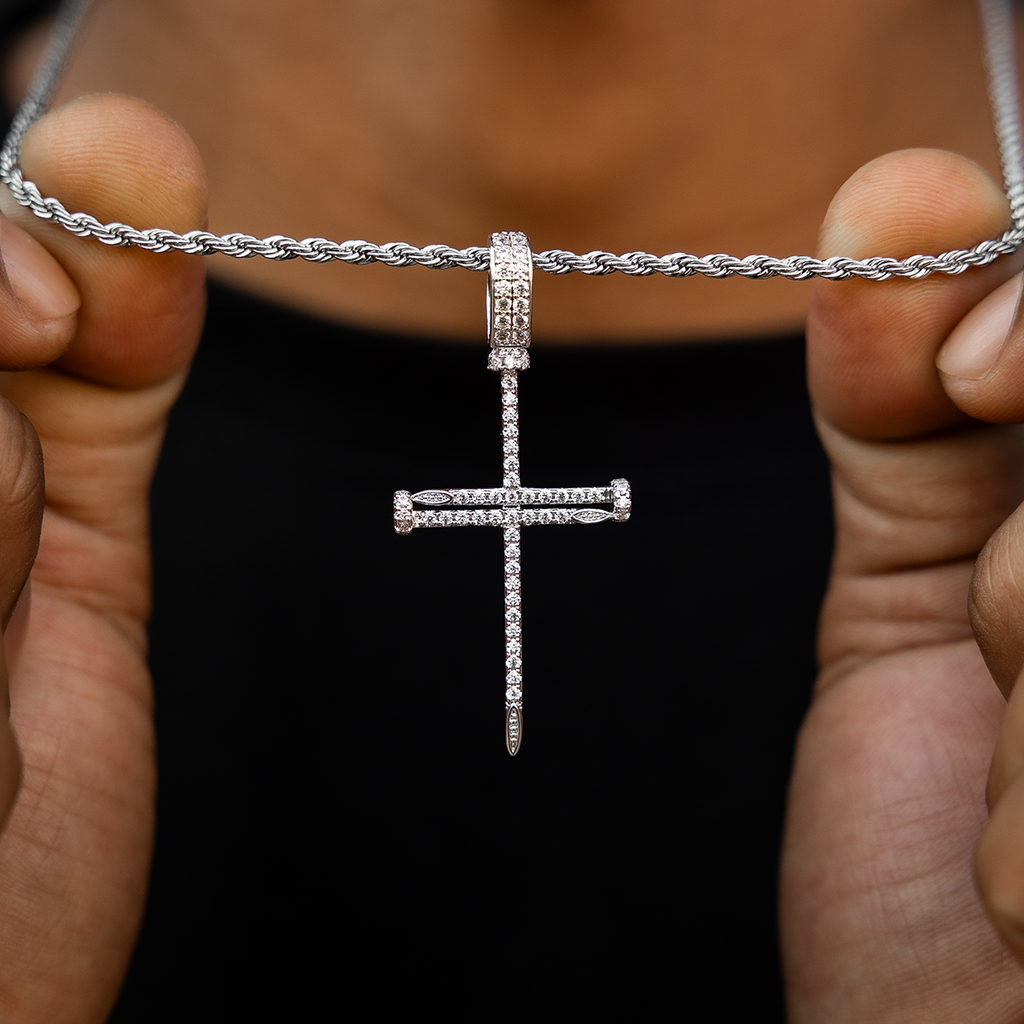 Iced Nail Cross Pendant in White Gold