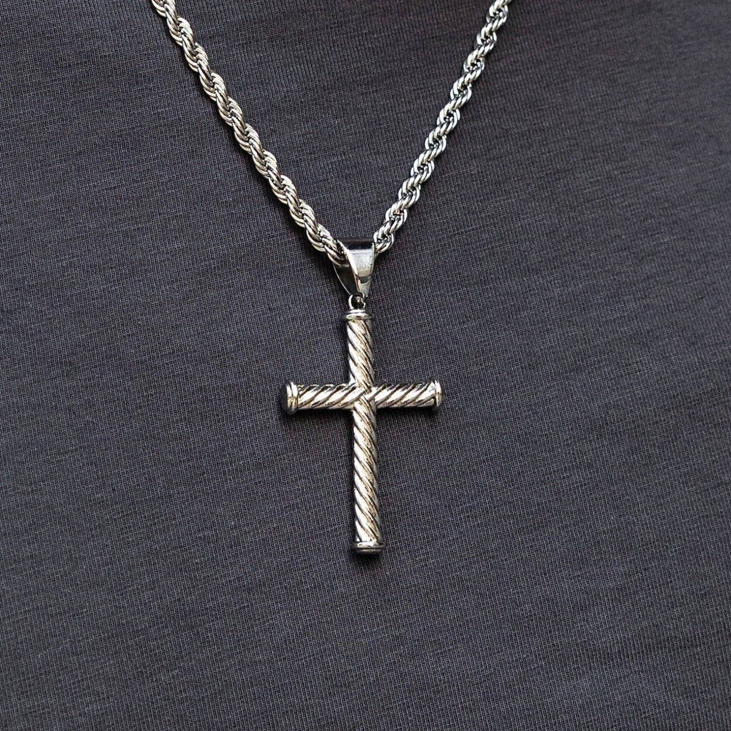 Twisted Rope Cross Pendant in White Gold