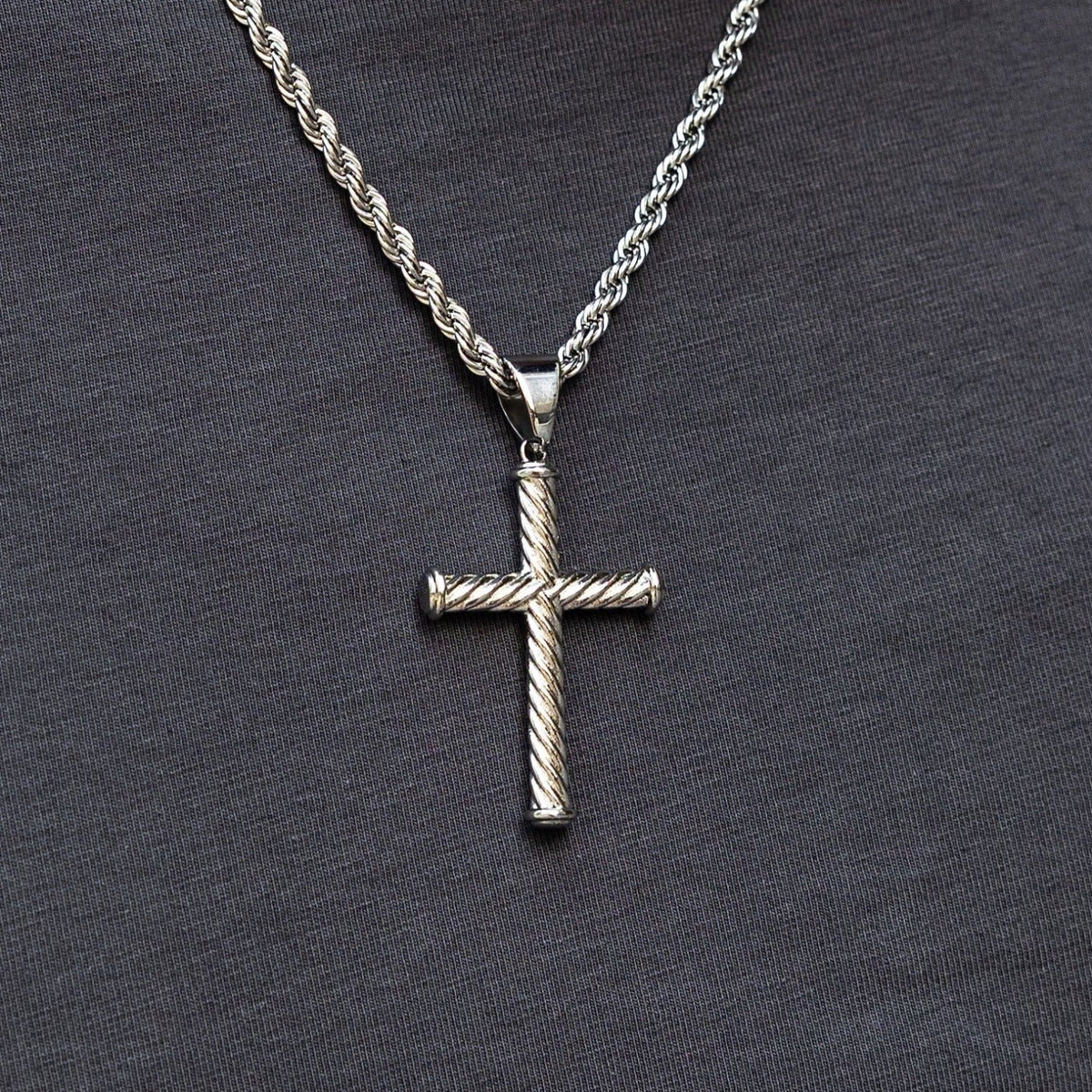 Twisted Rope Cross Pendant in White Gold
