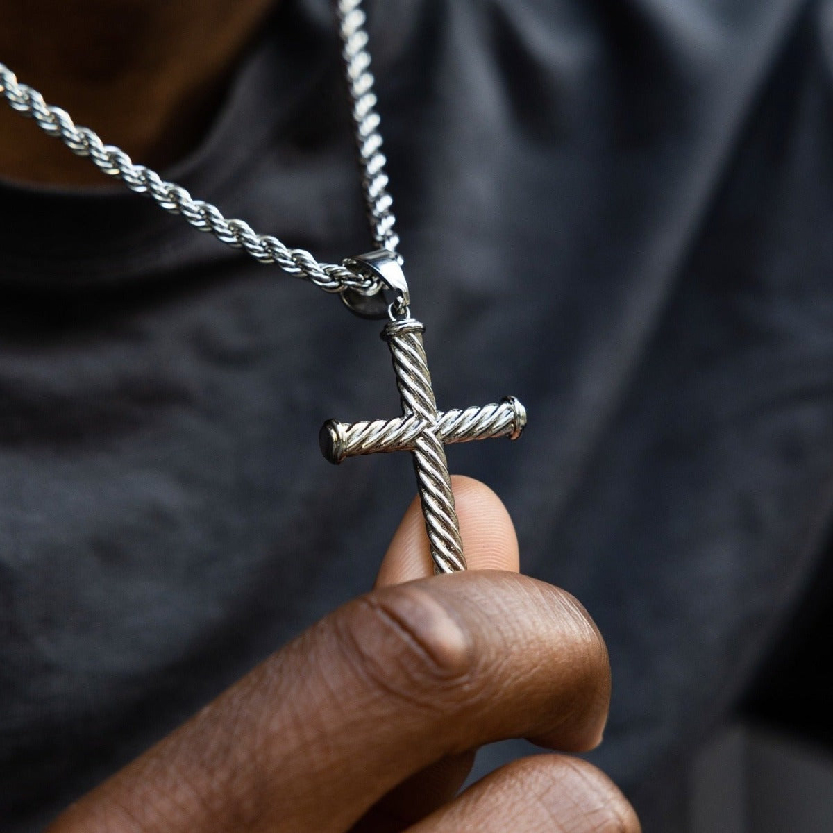 Twisted Rope Cross Pendant in White Gold