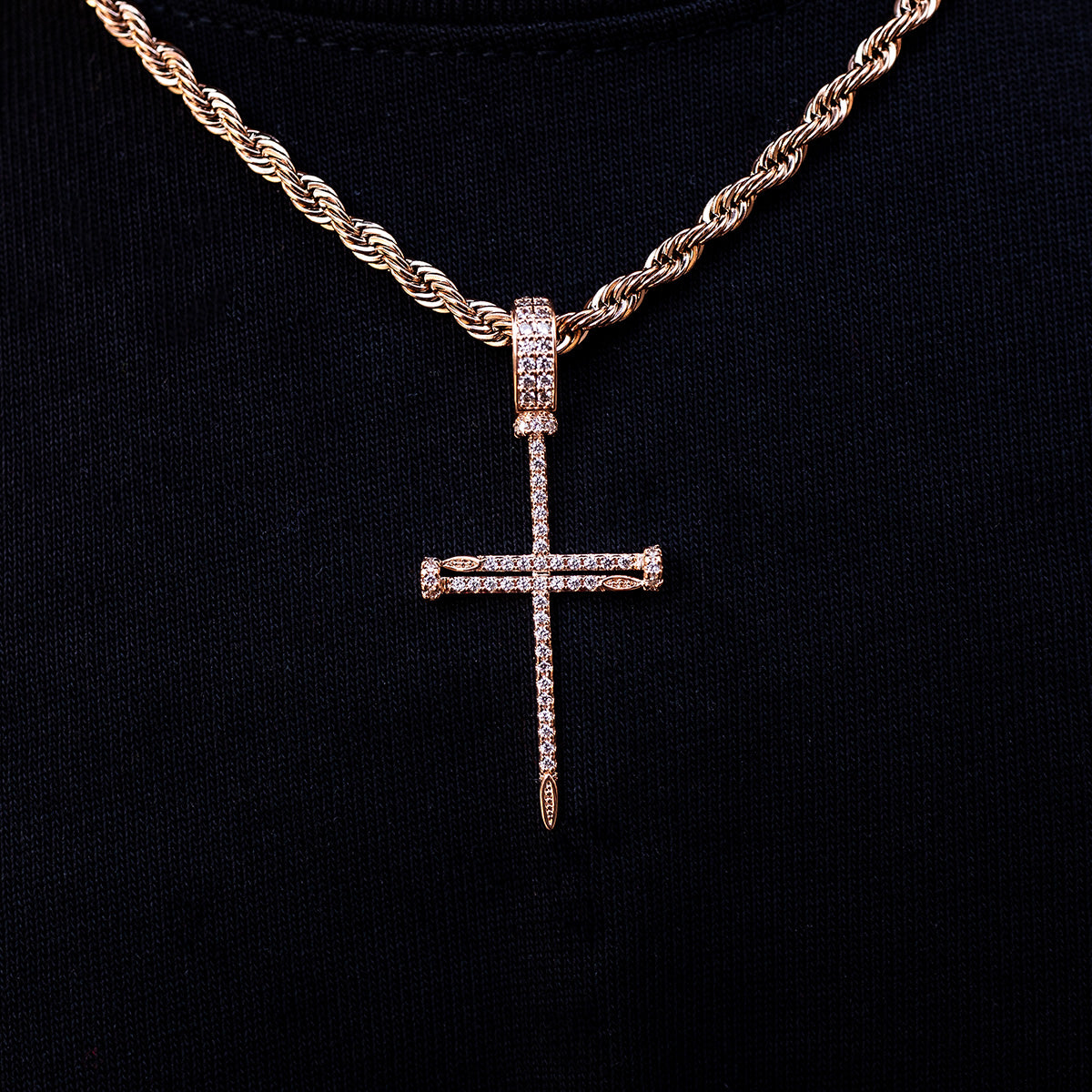 Iced Nail Cross Pendant in Rose Gold