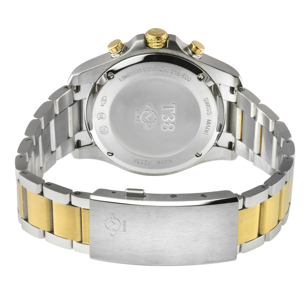 GV2 Men's T38 SS Case, IPYG  Bezel ring, Enamel Gray Dial with White print, 3 Black sub dial, Two toned IPYG/316L Staineless Steel Bracelet Watch.