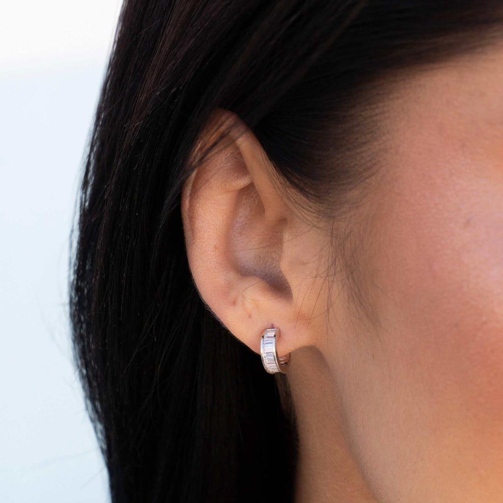 GLD Baguette Hoop Stud Earrings in White Gold