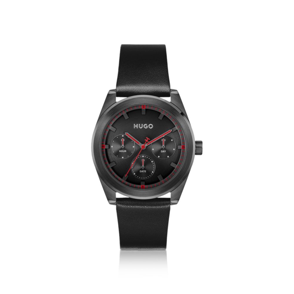 #BRIGHT SPORT Black-plated watch with tonal leather strap