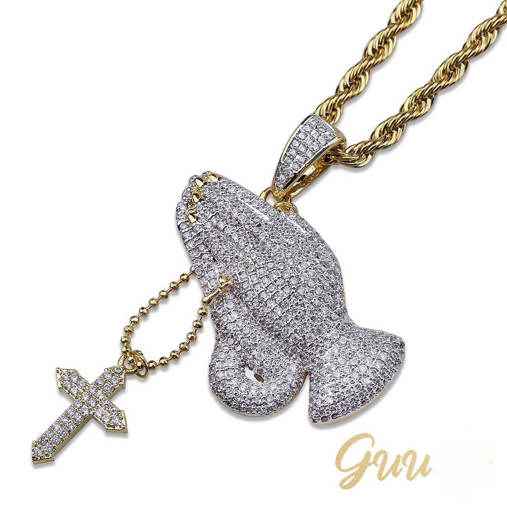 Iced Two-tone Prayer Gesture Cross Hip Hop Pendant Jewelry
