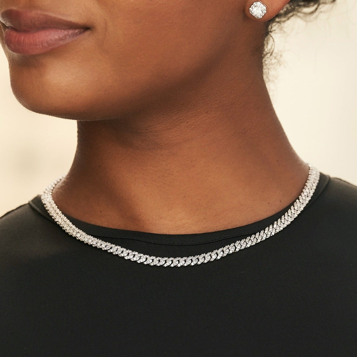 Micro Diamond Prong Moissanite Cuban Chain Necklace in Sterling Silver - 6MM