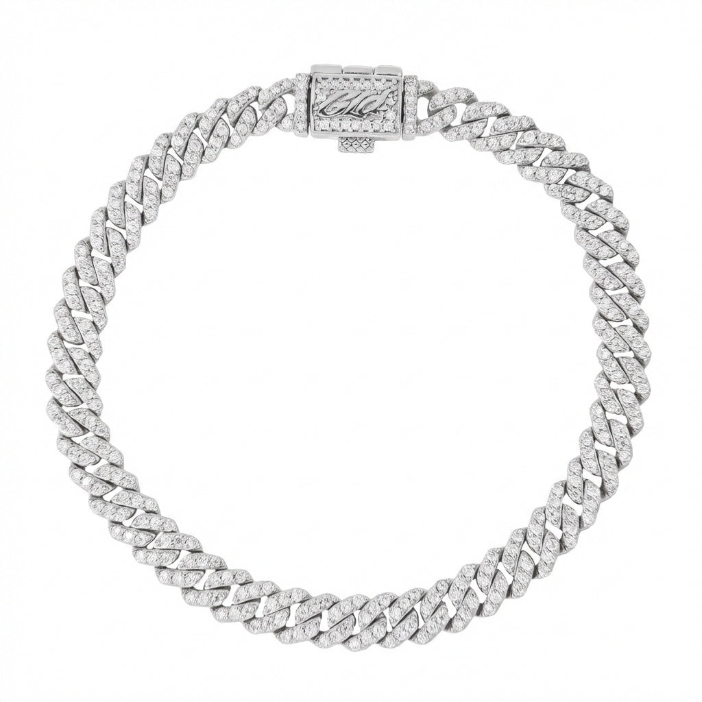 Micro Diamond Prong Moissanite Cuban Bracelet in Sterling Silver - 6MM