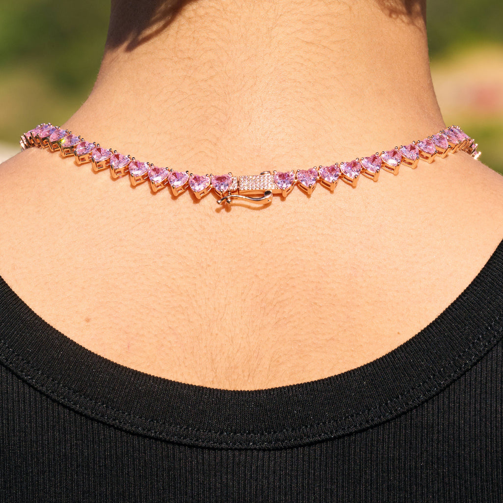 Pink Heart Diamond Tennis Necklace in Rose Gold - 6mm