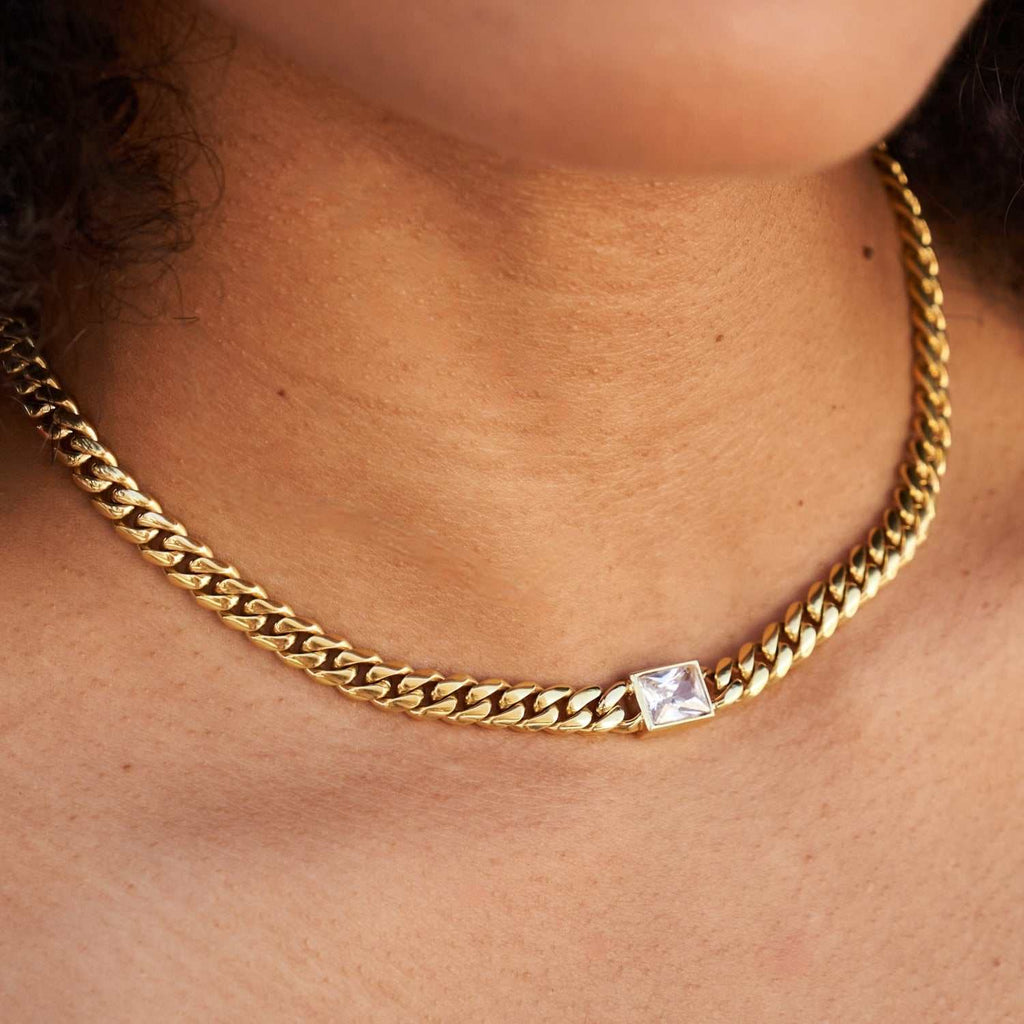 Emerald Cut Stone Miami Cuban Necklace - Gold