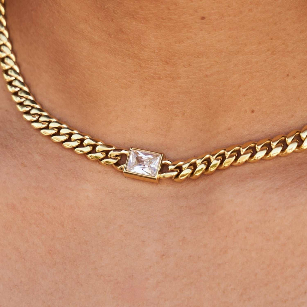 Emerald Cut Stone Miami Cuban Necklace - Gold