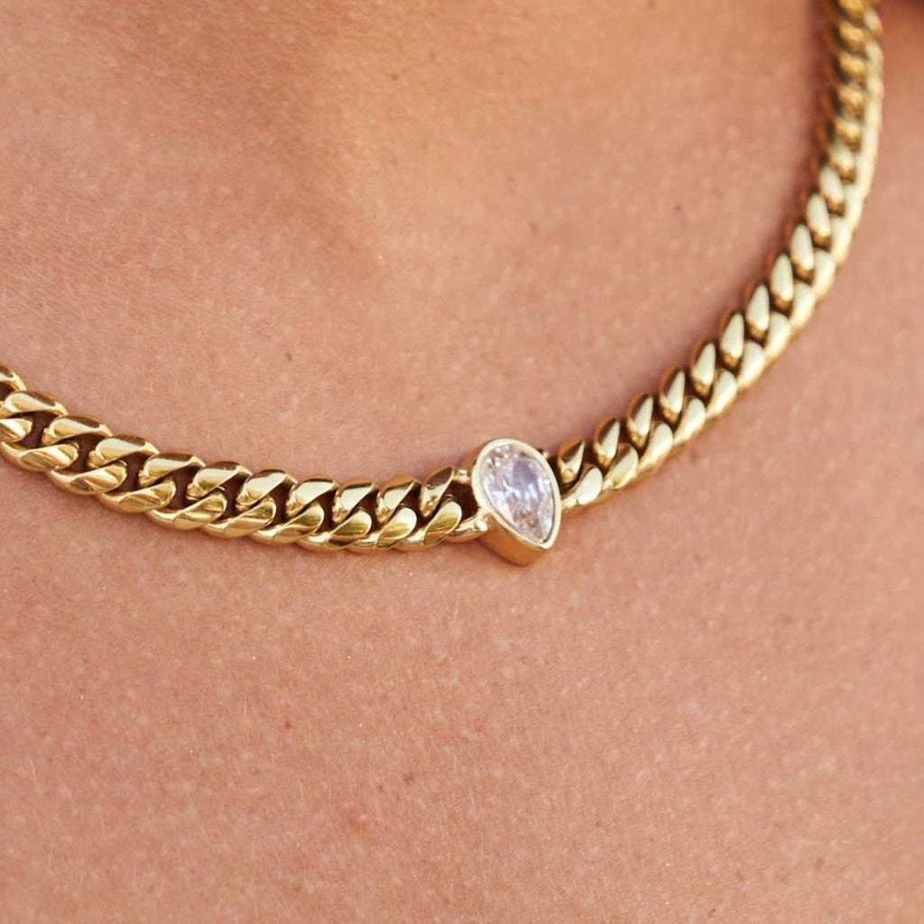 Pear Cut Stone Miami Cuban Necklace - Gold