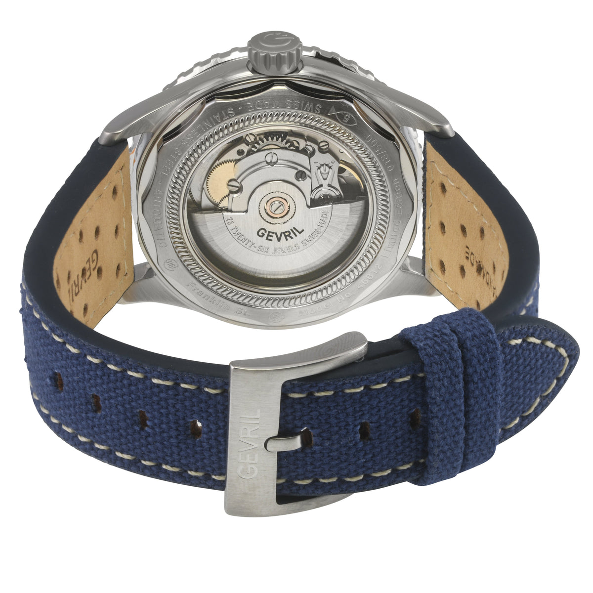 Gevril Men's Franklin 316L Stainless Steel Case ,Black Acrylic Bezel, Blue Dial, Blue Canvas Strap Watch