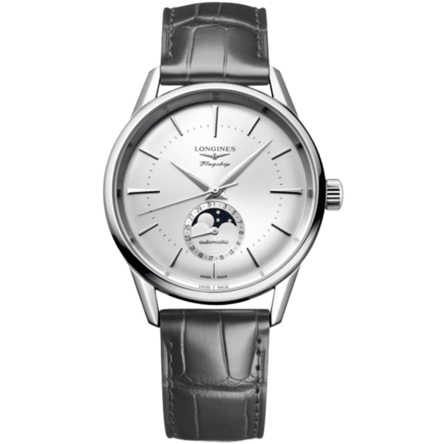 Longines Flagship Heritage Moonphase Automatic Silver Dial Grey Leather Strap Men's Watch L4.815.4.72.2
