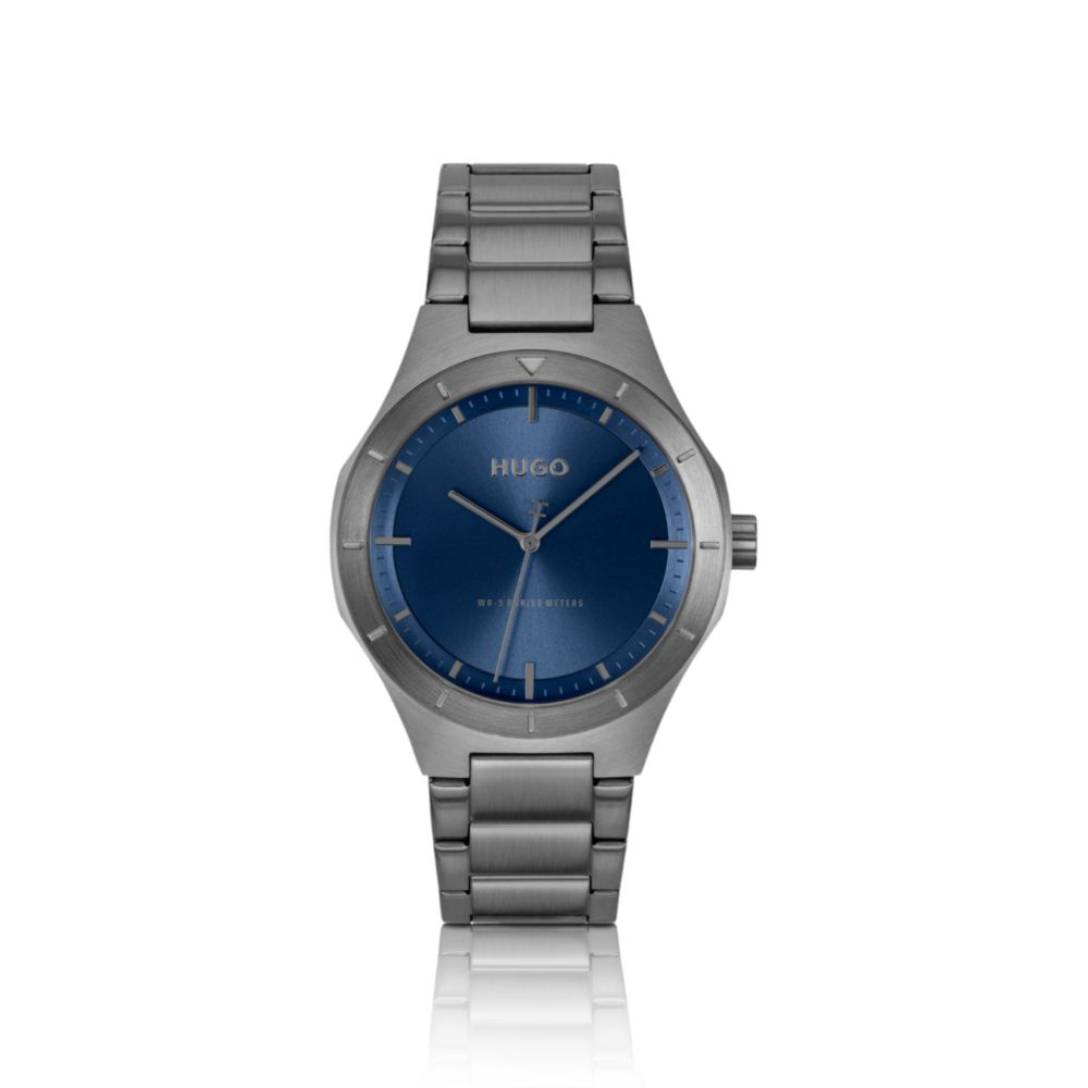 Lit gray-plated watch with blue dial