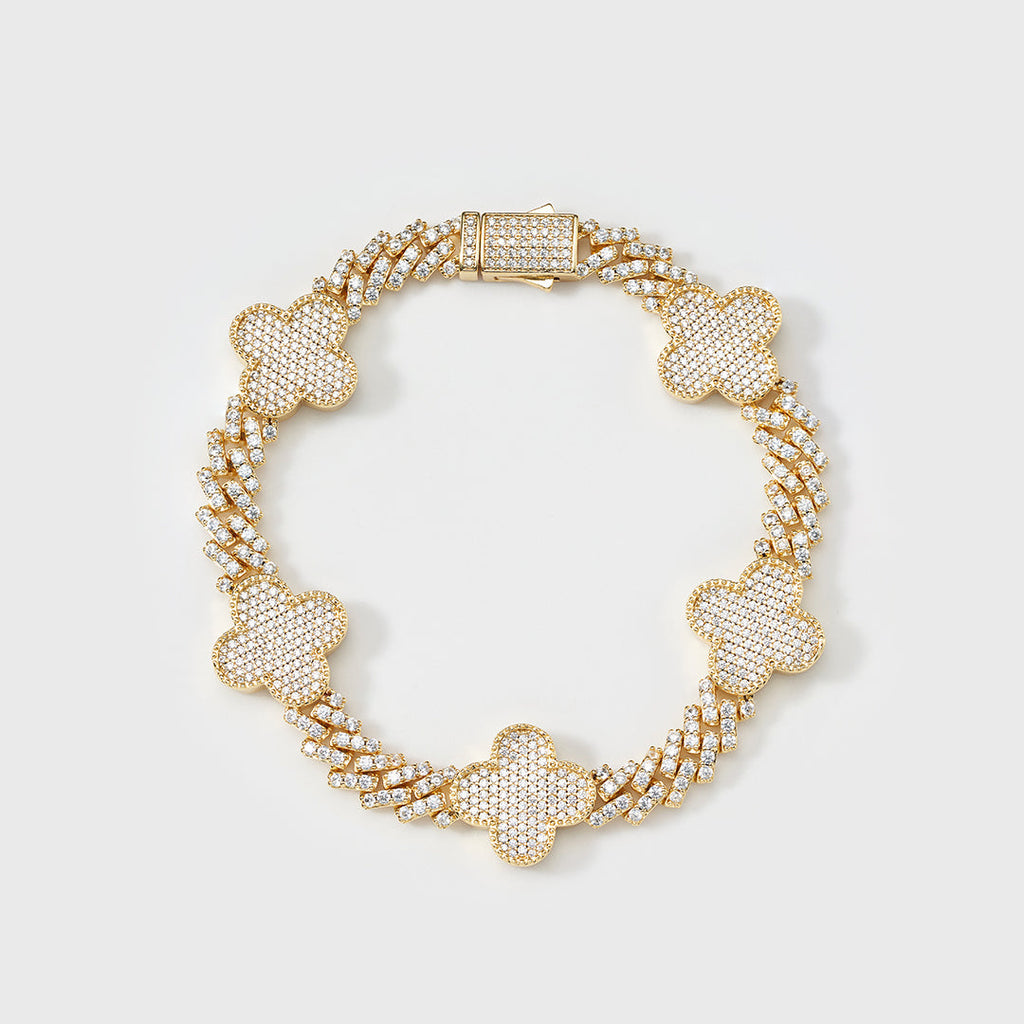 Clover Iced Prong Cuban Chain + Bracelet (Gold) - 8mm