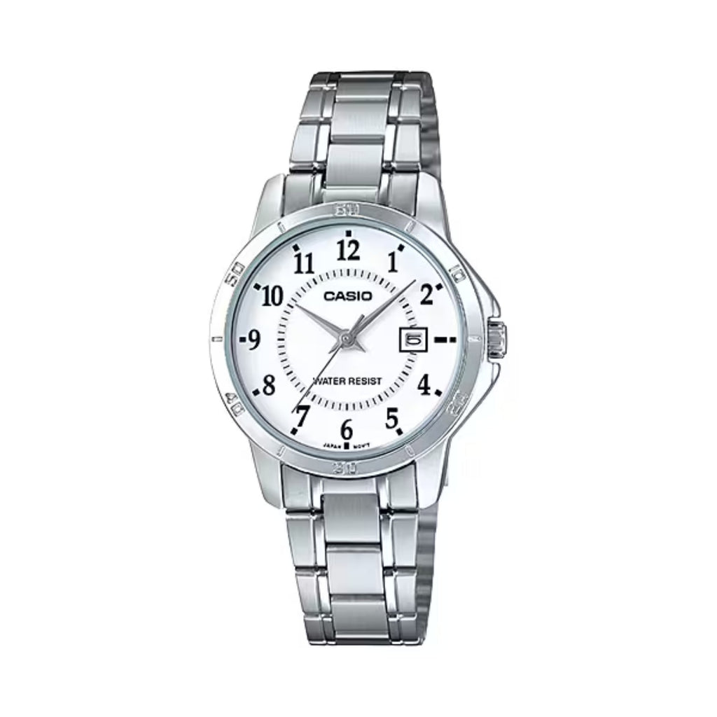 Casio Women’s Silver Bracelet Watch with White Dial and Date - LTP-V004D-7BUDF