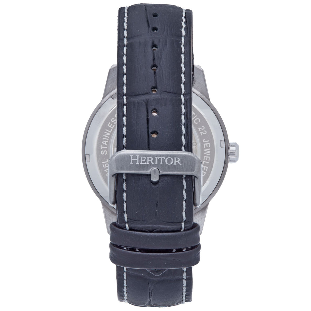 Heritor Automatic Davies Semi-Skeleton Leather-Band Watch - Silver/White