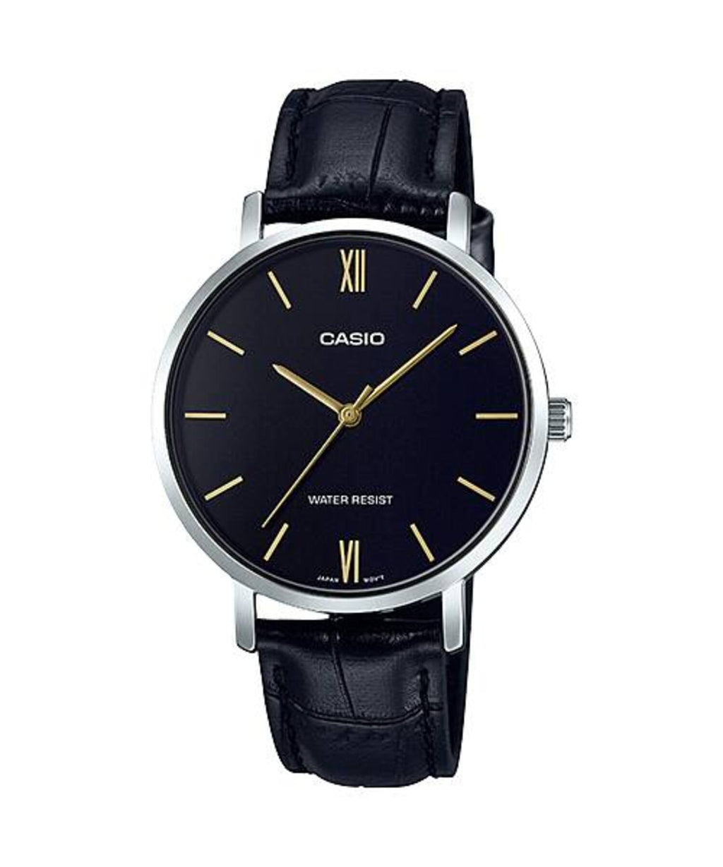 Casio Women’s Black Leather Strap Black Dial Watch - Casio LTP‑VT01L‑1BUDF