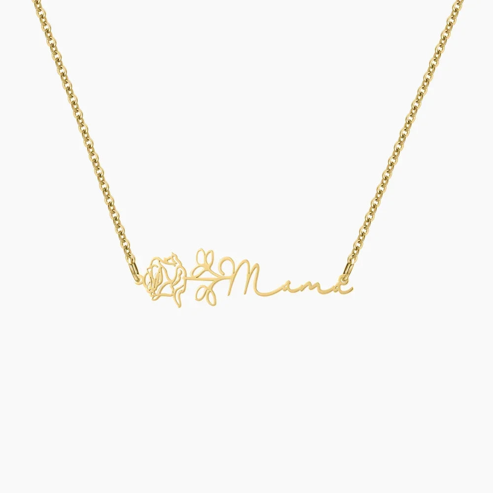 Kids Birth Flower Horizontal Name Necklace