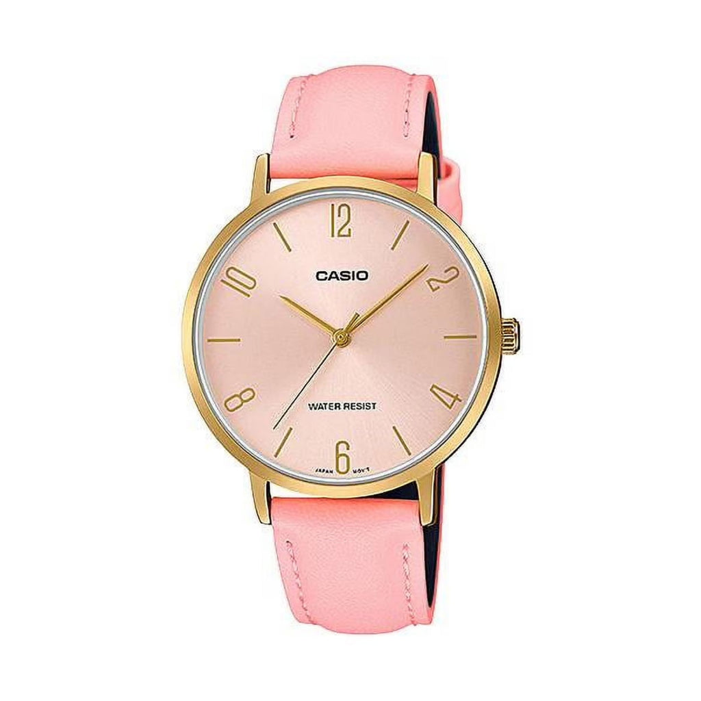 Casio Women’s Pink Leather Strap Analog Watch with Gold Case -LTP-VT01GL-4BUDF