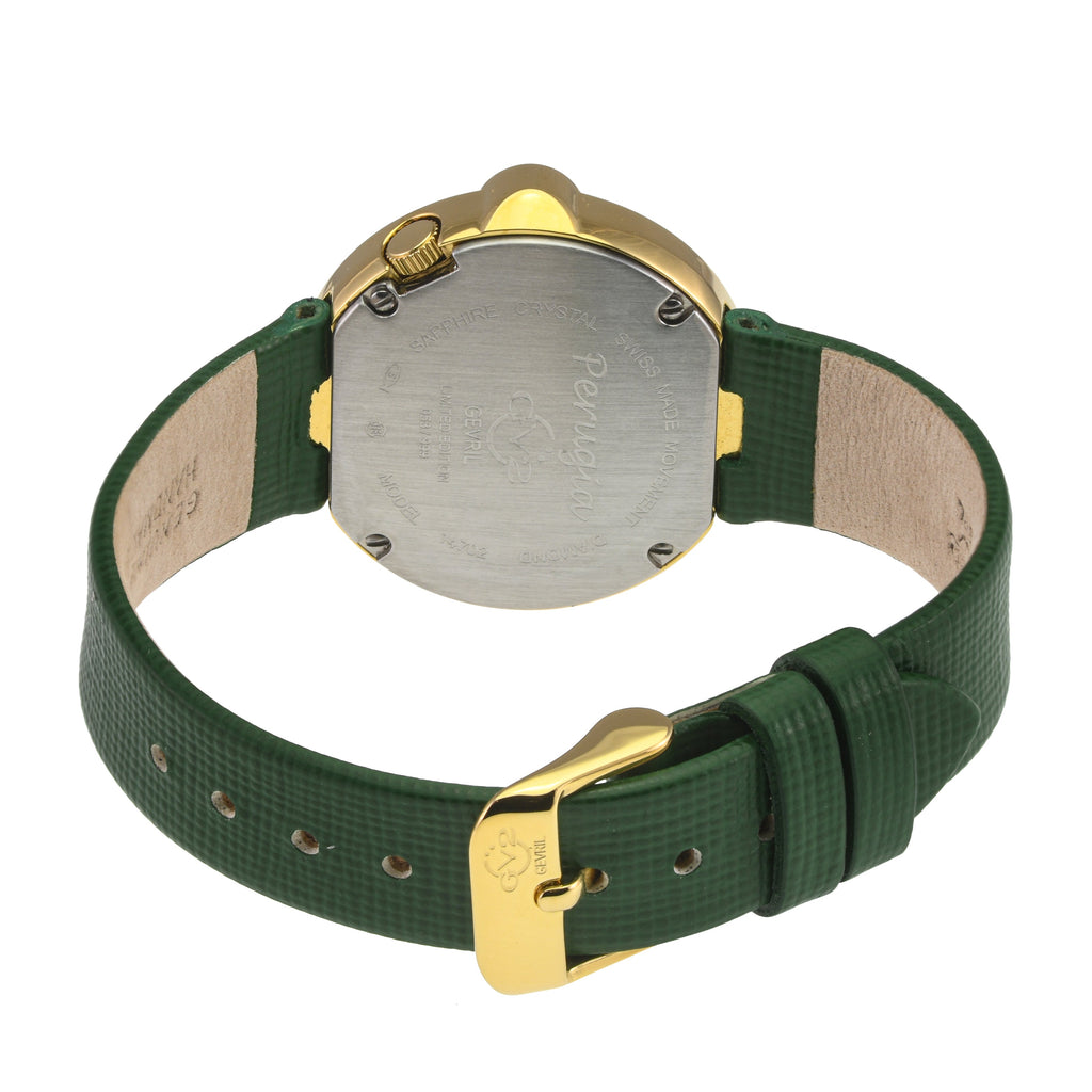 GV2 Women's Perugia Diamond Watch, IPYG Case, Silver/White Dial, Genuine Saffiano Green Handmade Leather Strap