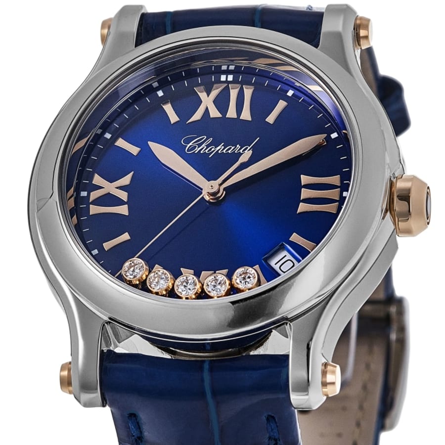 Chopard Happy Sport Round 36mm Blue Diamond Dial Leather Strap Women's Watch 278582-6012