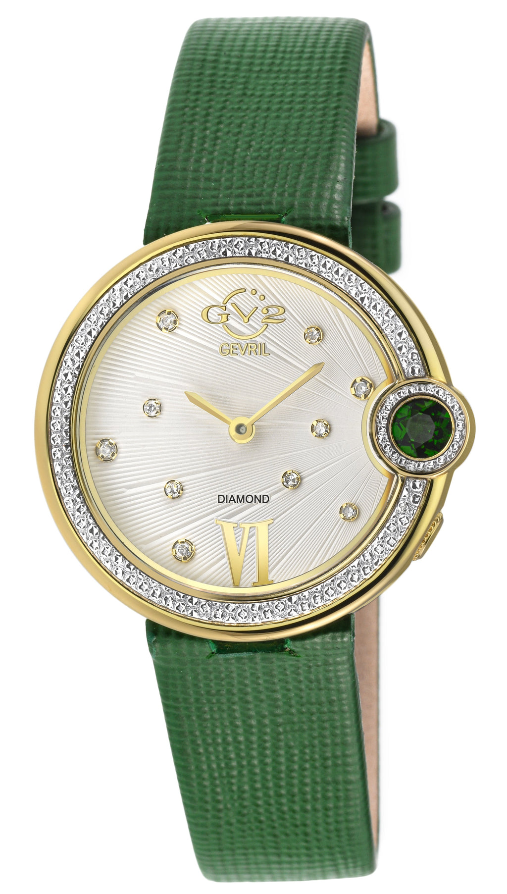 GV2 Women's Perugia Diamond Watch, IPYG Case, Silver/White Dial, Genuine Saffiano Green Handmade Leather Strap