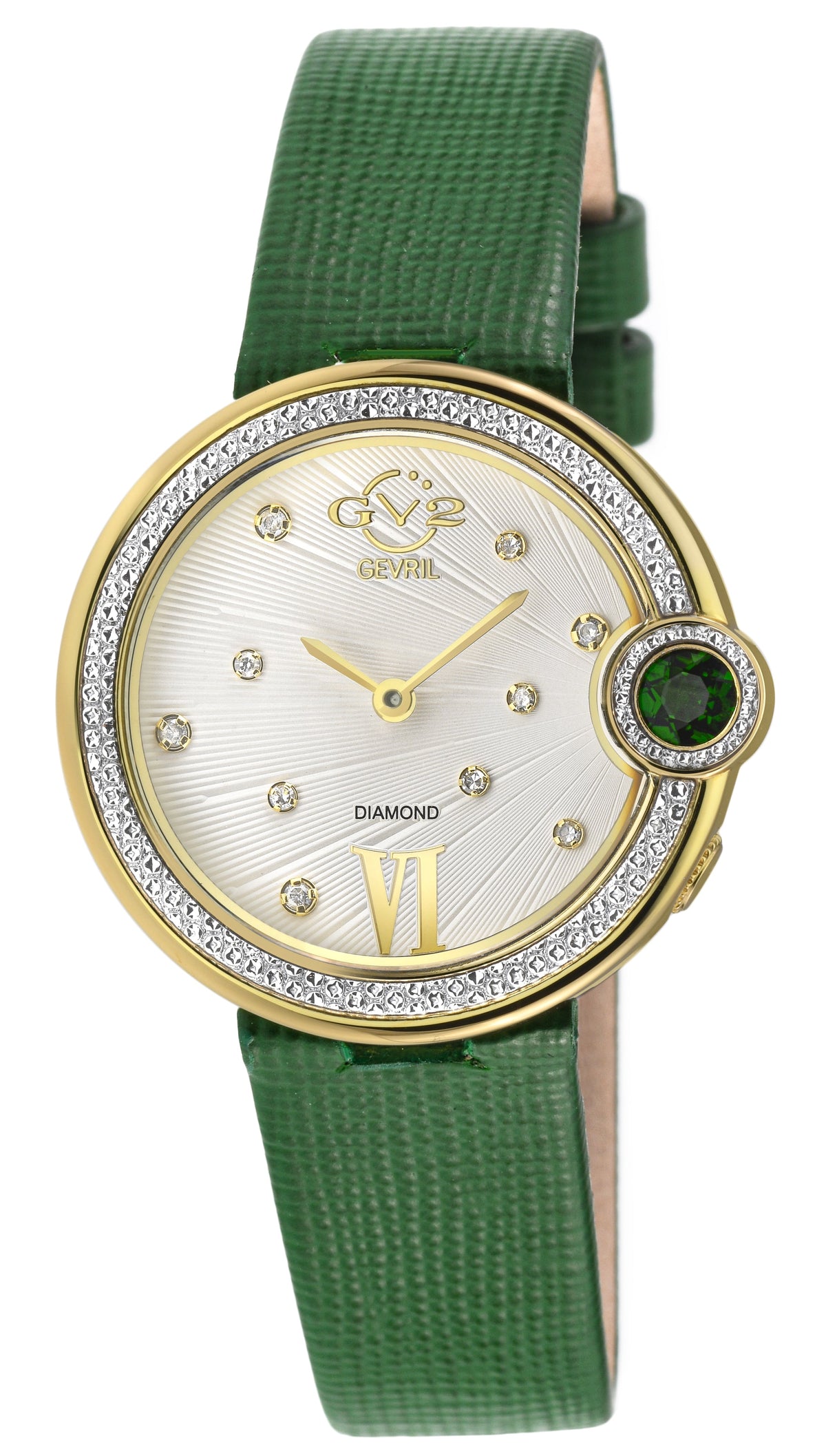GV2 Women's Perugia Diamond Watch, IPYG Case, Silver/White Dial, Genuine Saffiano Green Handmade Leather Strap