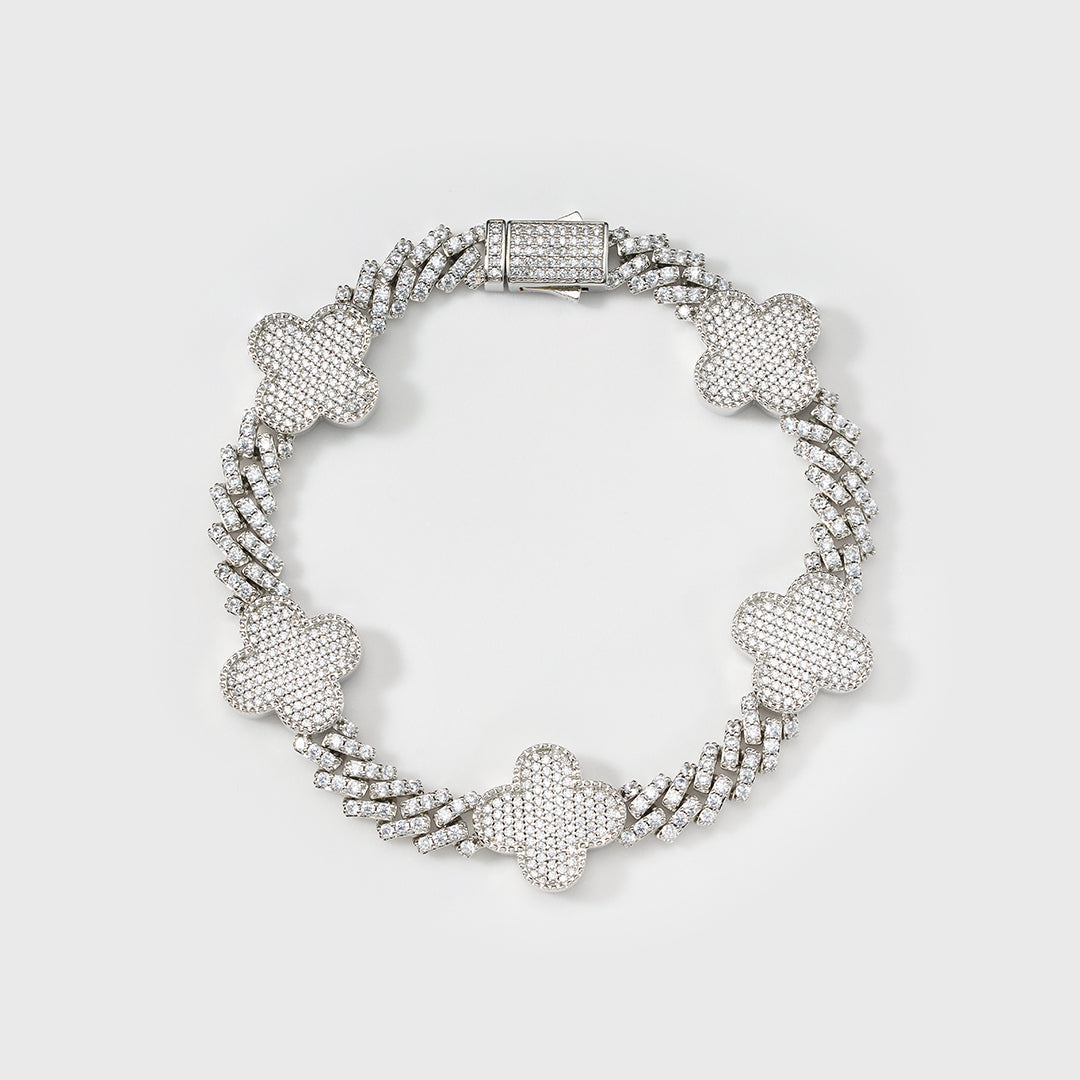 Clover Iced Prong Cuban Chain + Bracelet (Silver) - 8mm
