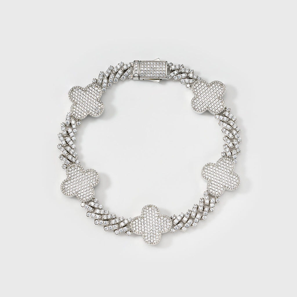Clover Iced Prong Cuban Bracelet (Silver) - 8mm