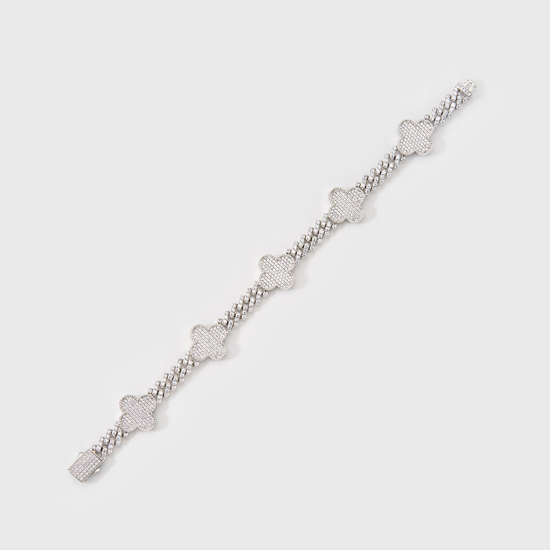 Women's Clover Iced Prong Cuban Bracelet (Silver) - 8mm